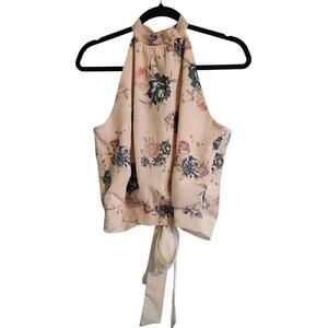 Olive Tree Womens Size M Pink Floral Halter Blouse Made In USA Waist Tie